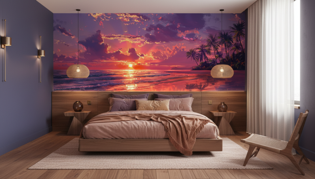 Coucher de soleil tropical avec palmiers et reflets océaniques dorés - Chambre adulte