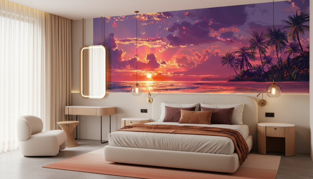 Coucher de soleil tropical avec palmiers et reflets océaniques dorés - Hôtel