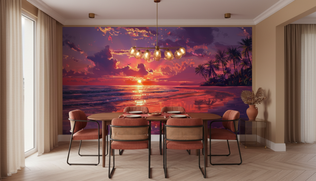 Coucher de soleil tropical avec palmiers et reflets océaniques dorés - Salle à manger
