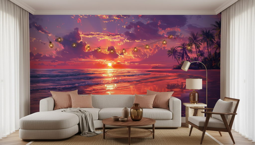 Coucher de soleil tropical avec palmiers et reflets océaniques dorés - Salon / Séjour