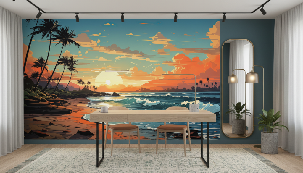 Coucher de soleil tropical avec palmiers et vagues dorées - Bureau