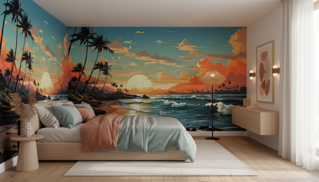 Coucher de soleil tropical avec palmiers et vagues dorées - Chambre adulte