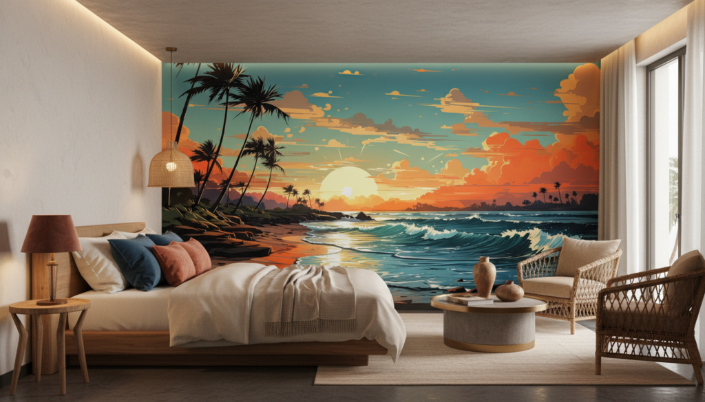 Coucher de soleil tropical avec palmiers et vagues dorées - Hôtel