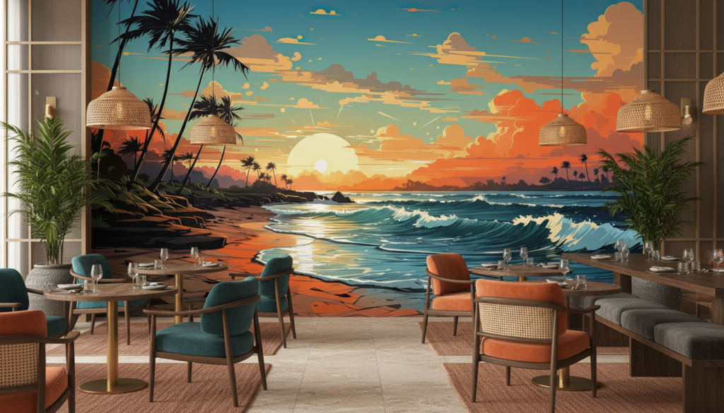 Coucher de soleil tropical avec palmiers et vagues dorées - Restaurant