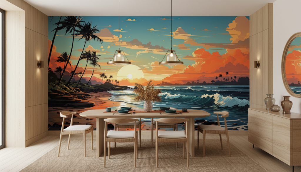 Coucher de soleil tropical avec palmiers et vagues dorées - Salle à manger