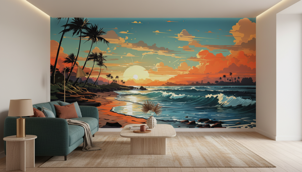 Coucher de soleil tropical avec palmiers et vagues dorées - Salon / Séjour