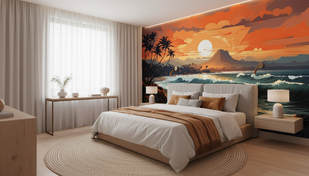 Coucher de soleil tropical avec plage, palmiers et montagnes volcaniques - Chambre adulte