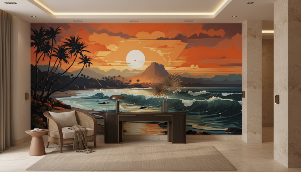 Coucher de soleil tropical avec plage, palmiers et montagnes volcaniques - Hôtel