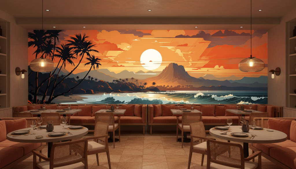 Coucher de soleil tropical avec plage, palmiers et montagnes volcaniques - Restaurant