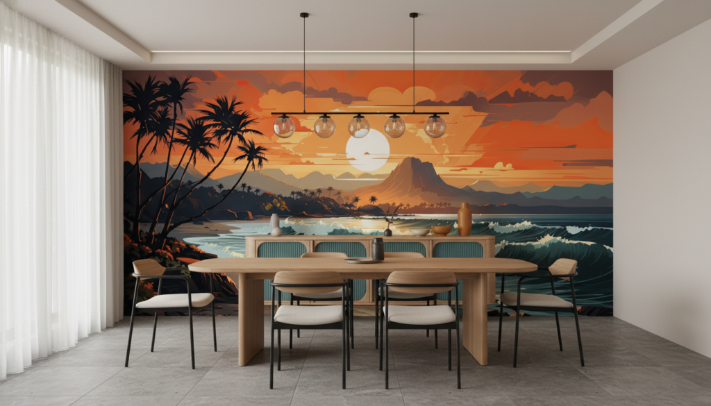 Coucher de soleil tropical avec plage, palmiers et montagnes volcaniques - Salle à manger