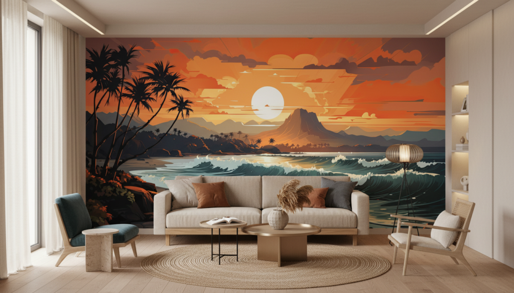 Coucher de soleil tropical avec plage, palmiers et montagnes volcaniques - Salon / Séjour