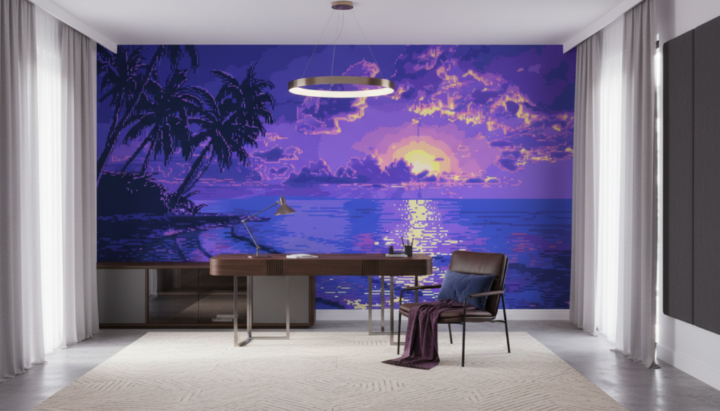 Coucher de soleil tropical pixel art océan palmiers violet - Bureau