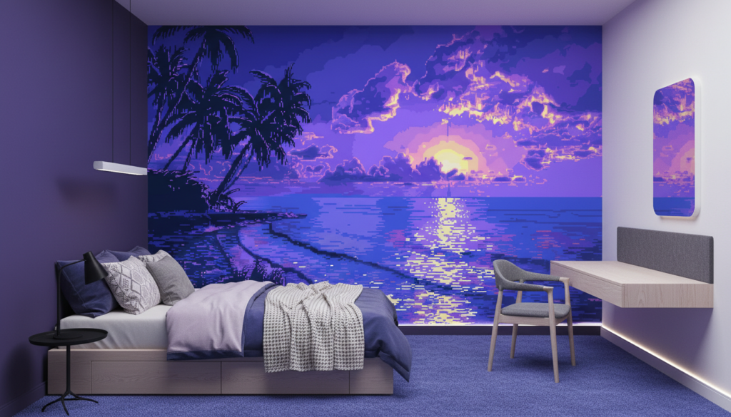 Coucher de soleil tropical pixel art océan palmiers violet - Chambre ado