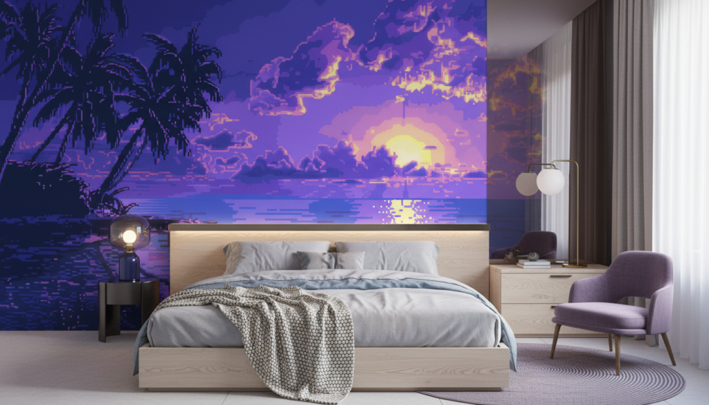 Coucher de soleil tropical pixel art océan palmiers violet - Chambre adulte