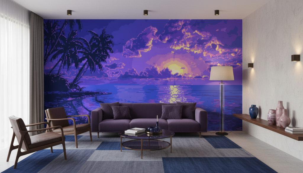Coucher de soleil tropical pixel art océan palmiers violet - Salon / Séjour