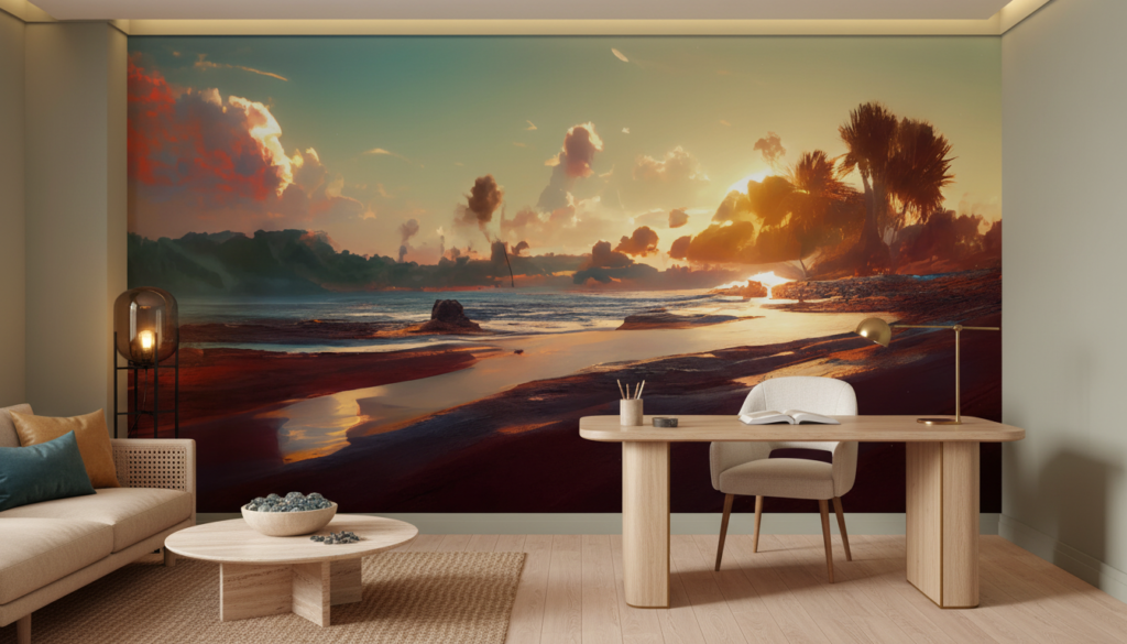 Coucher de soleil tropical sur plage avec palmiers dorés - Bureau