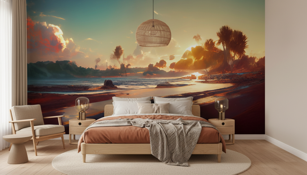 Coucher de soleil tropical sur plage avec palmiers dorés - Chambre adulte