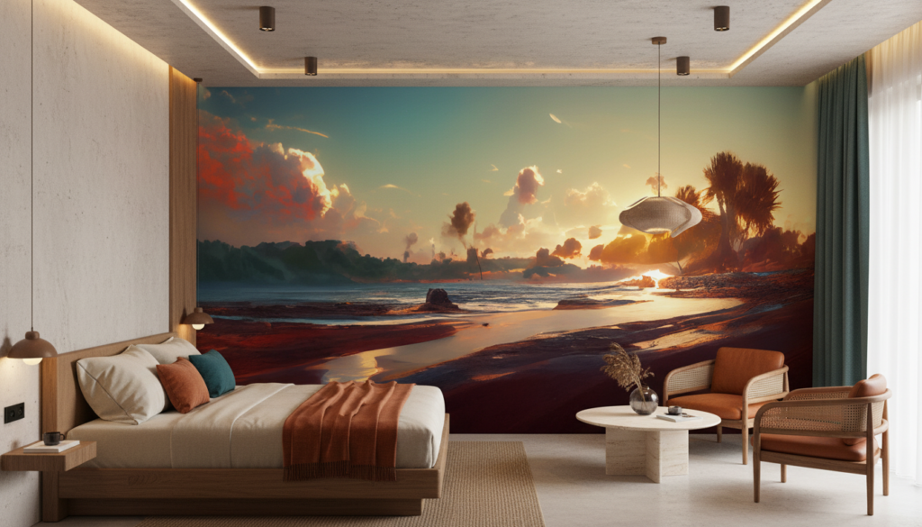 Coucher de soleil tropical sur plage avec palmiers dorés - Hôtel