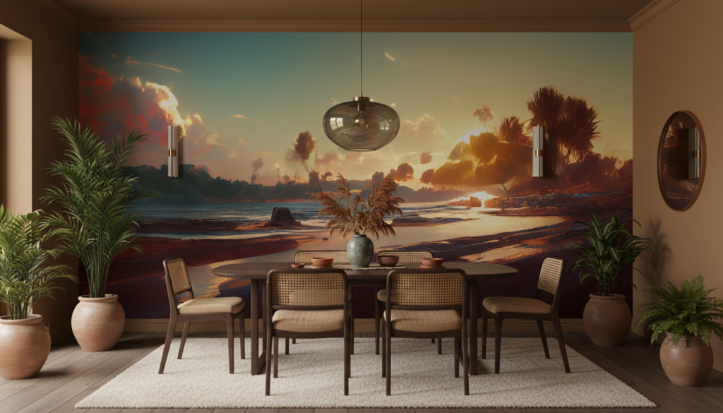 Coucher de soleil tropical sur plage avec palmiers dorés - Salle à manger