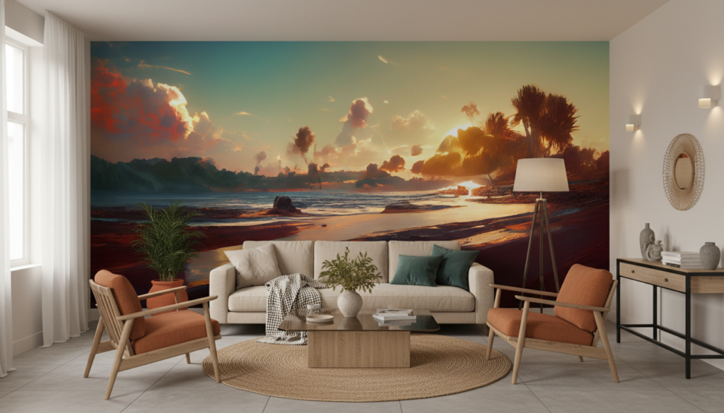 Coucher de soleil tropical sur plage avec palmiers dorés - Salon / Séjour