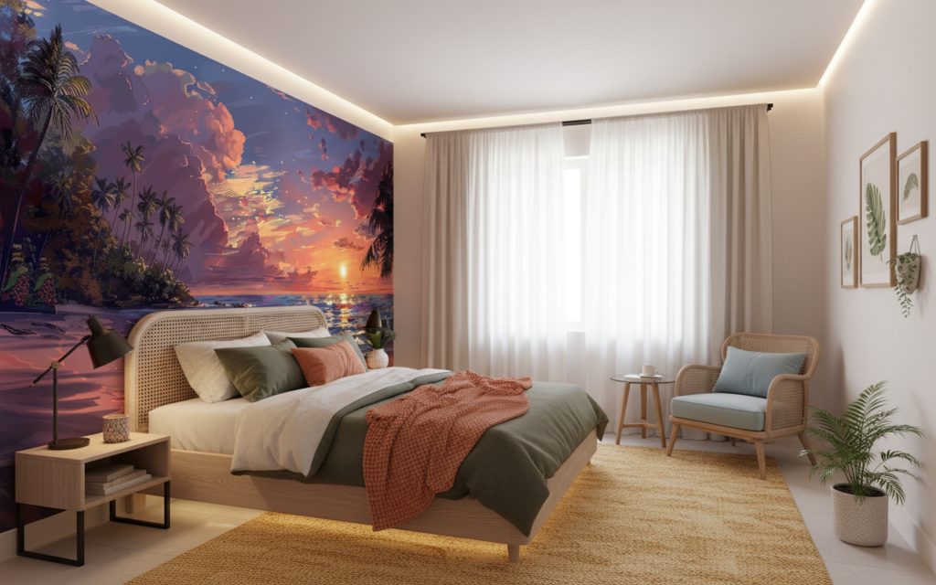 Coucher de soleil tropical sur plage avec palmiers paradisiaque - Chambre ado