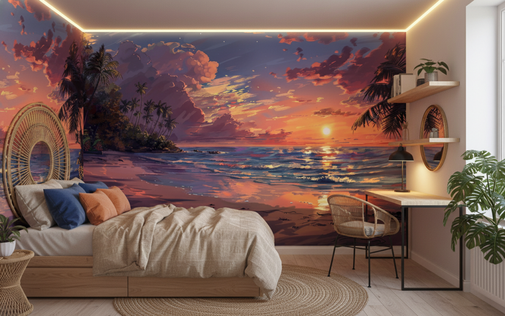 Coucher de soleil tropical sur plage avec palmiers paradisiaque - Chambre ado