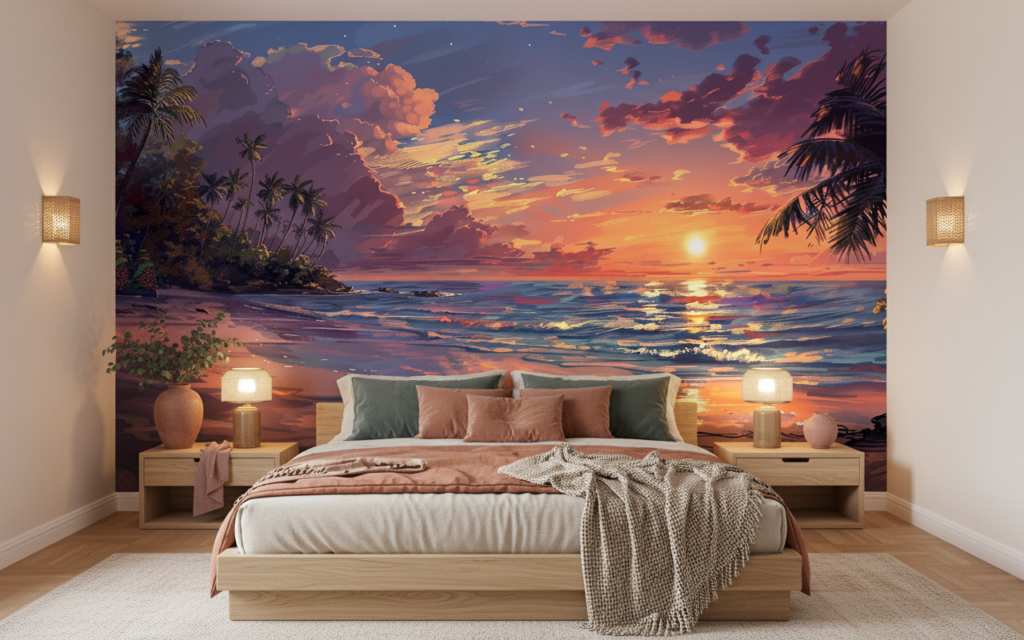 Coucher de soleil tropical sur plage avec palmiers paradisiaque - Chambre adulte