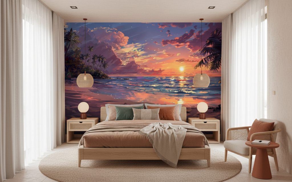 Coucher de soleil tropical sur plage avec palmiers paradisiaque - Chambre adulte