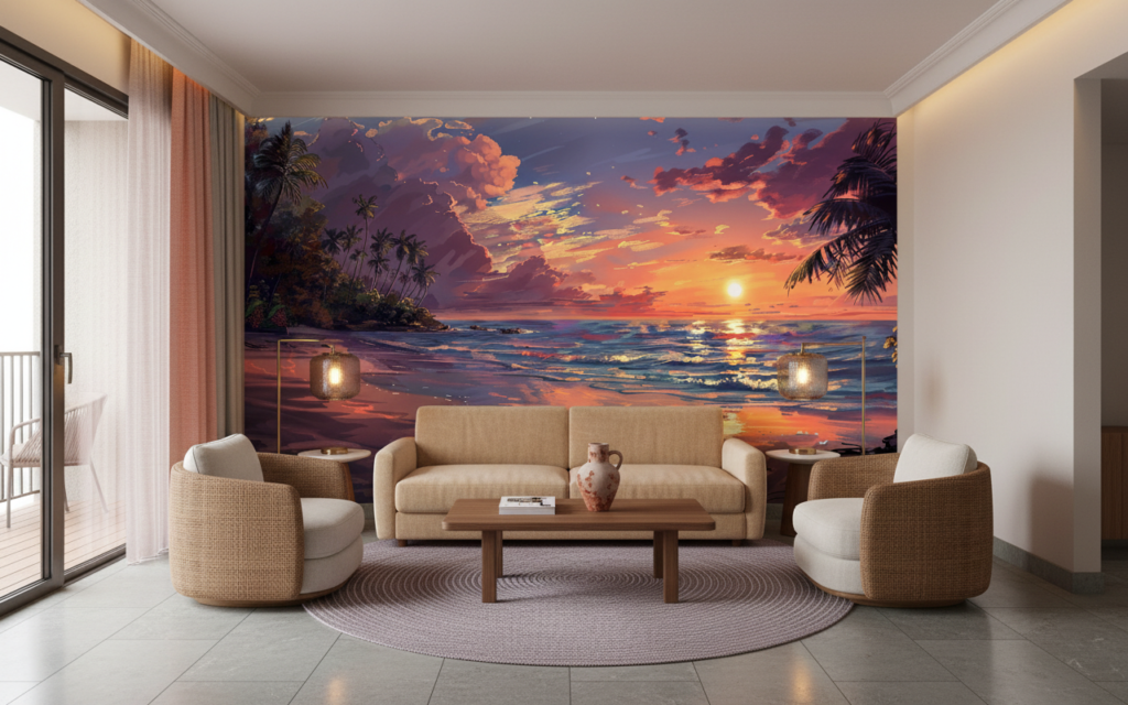 Coucher de soleil tropical sur plage avec palmiers paradisiaque - Hôtel