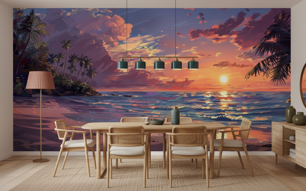 Coucher de soleil tropical sur plage avec palmiers paradisiaque - Salle à manger