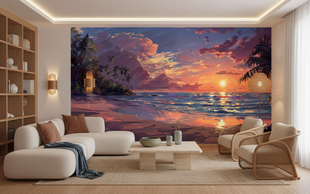 Coucher de soleil tropical sur plage avec palmiers paradisiaque - Salon / Séjour