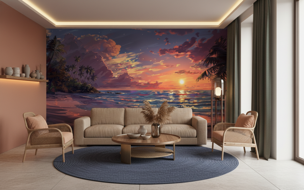 Coucher de soleil tropical sur plage avec palmiers paradisiaque - Salon / Séjour