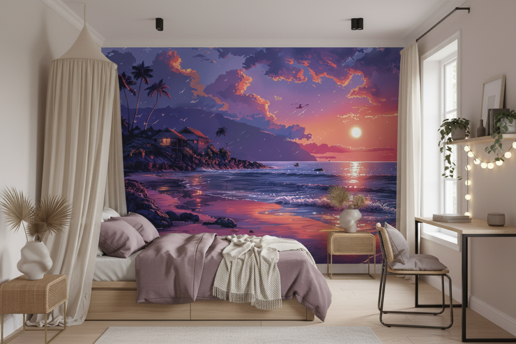 Coucher de soleil tropical sur plage paradisiaque aux tons violets - Chambre ado