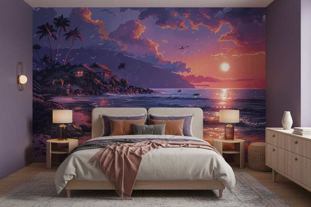 Coucher de soleil tropical sur plage paradisiaque aux tons violets - Chambre adulte