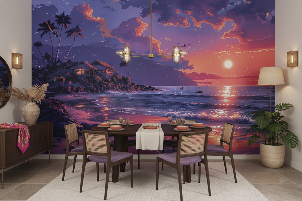 Coucher de soleil tropical sur plage paradisiaque aux tons violets - Salle à manger