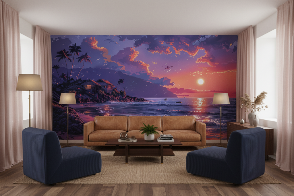 Coucher de soleil tropical sur plage paradisiaque aux tons violets - Salon / Séjour