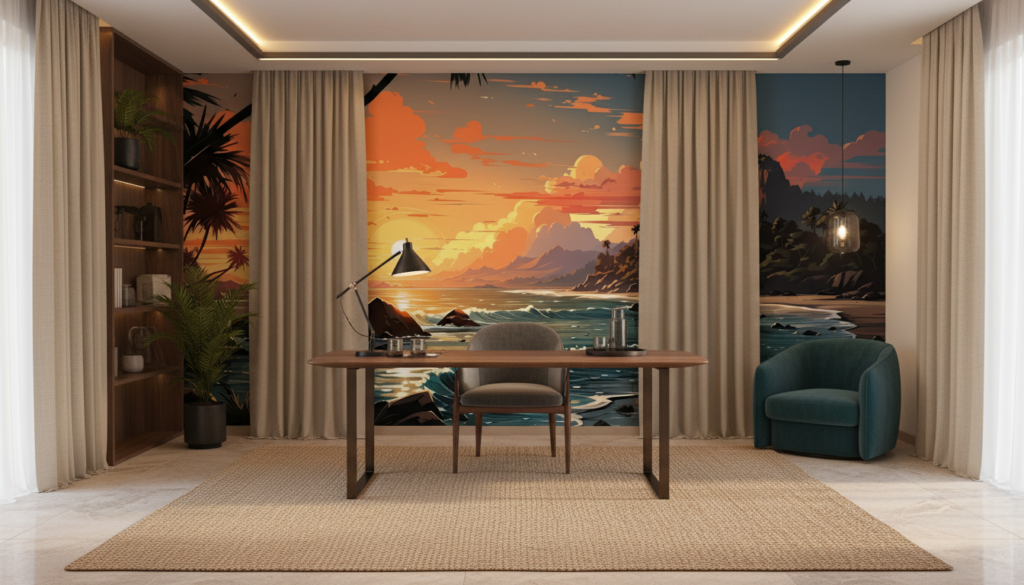 Coucher de Soleil Tropical sur Plage Paradisiaque avec Palmiers - Bureau