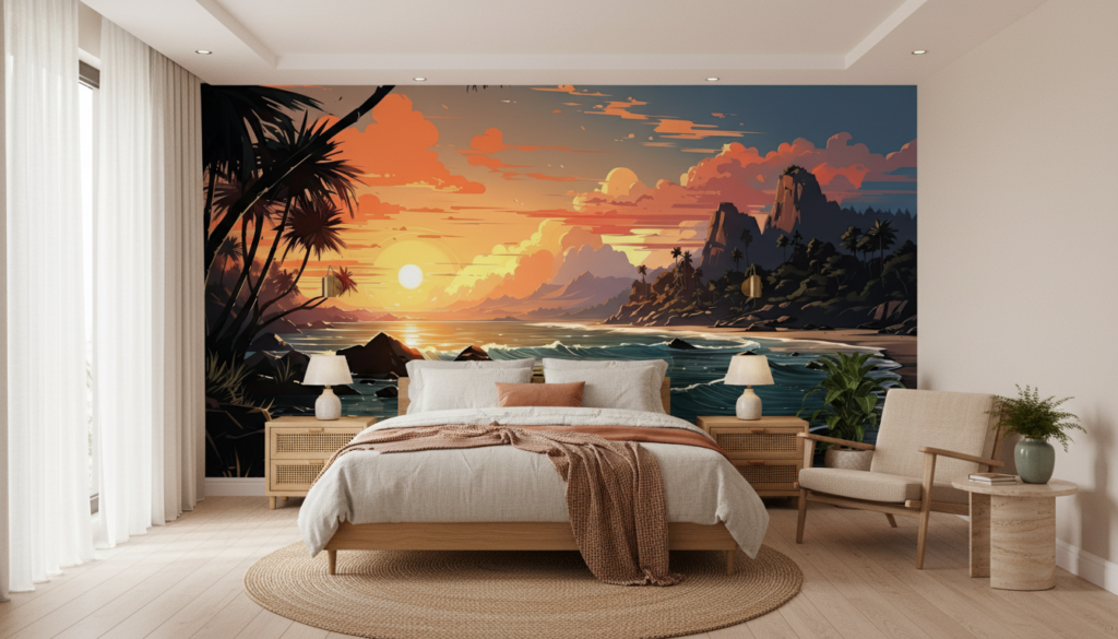 Coucher de Soleil Tropical sur Plage Paradisiaque avec Palmiers - Chambre adulte
