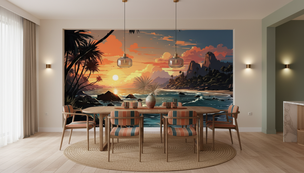 Coucher de Soleil Tropical sur Plage Paradisiaque avec Palmiers - Salle à manger