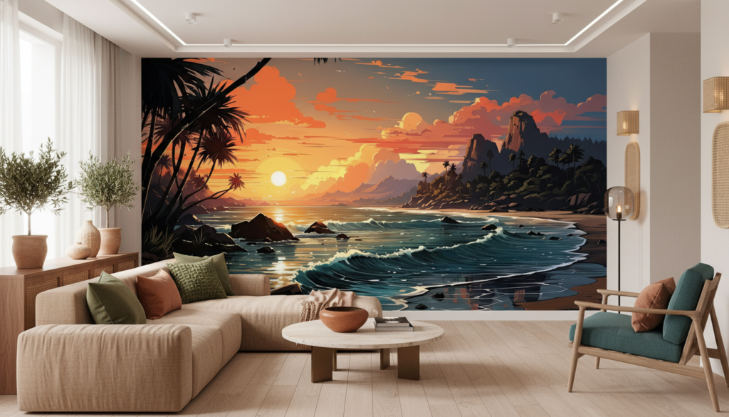 Coucher de Soleil Tropical sur Plage Paradisiaque avec Palmiers - Salon / Séjour