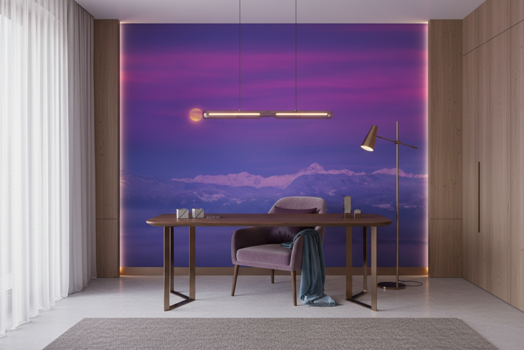 Coucher de soleil violet sur montagnes enneigées avec pleine lune - Bureau