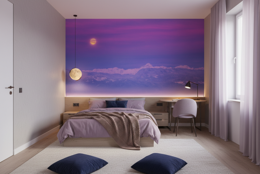 Coucher de soleil violet sur montagnes enneigées avec pleine lune - Chambre ado
