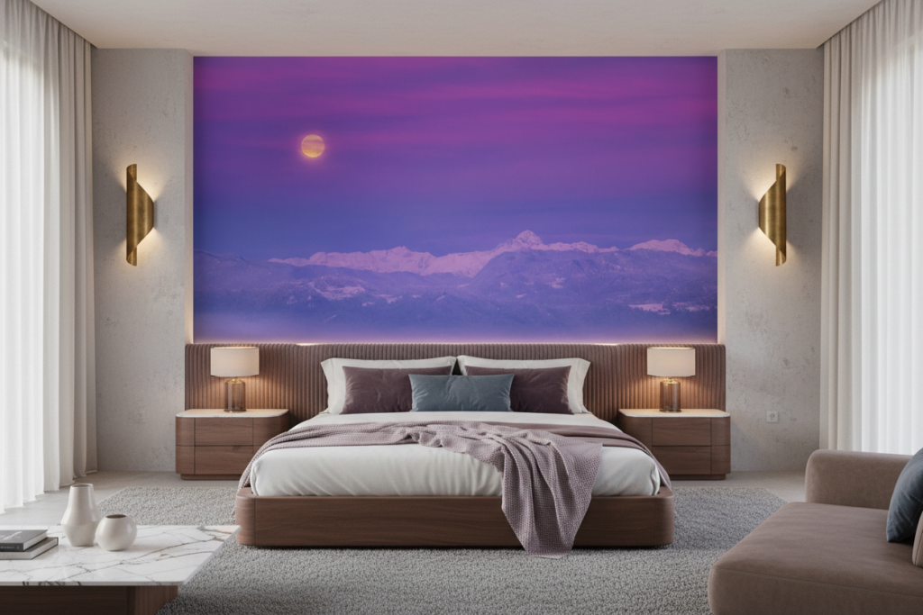 Coucher de soleil violet sur montagnes enneigées avec pleine lune - Chambre adulte