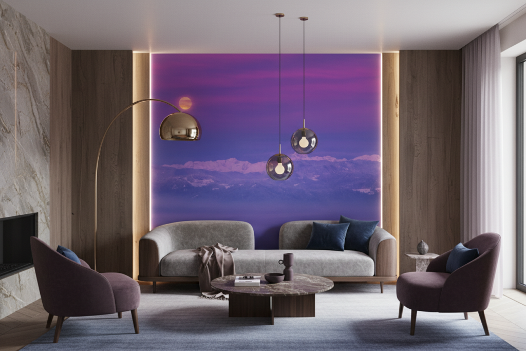 Coucher de soleil violet sur montagnes enneigées avec pleine lune - Salon / Séjour