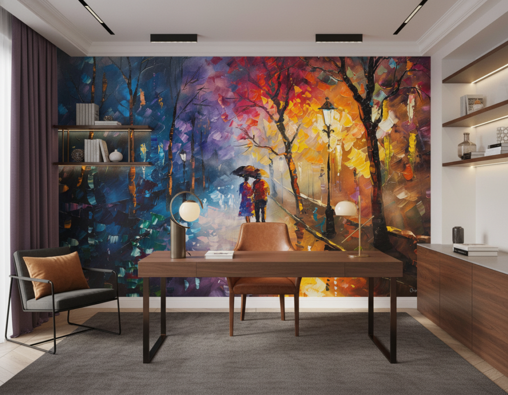 Couple romantique sous la pluie dans parc automnal impressionniste - Bureau