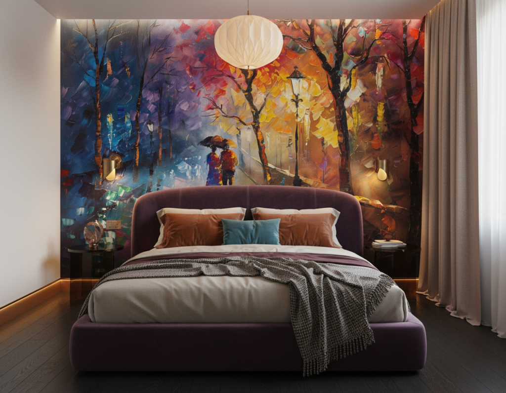 Couple romantique sous la pluie dans parc automnal impressionniste - Chambre adulte