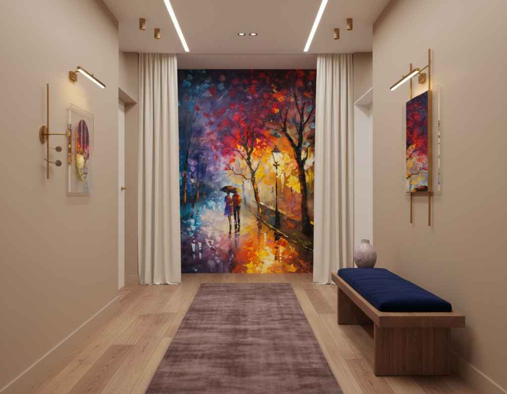 Couple romantique sous la pluie dans parc automnal impressionniste - Couloir