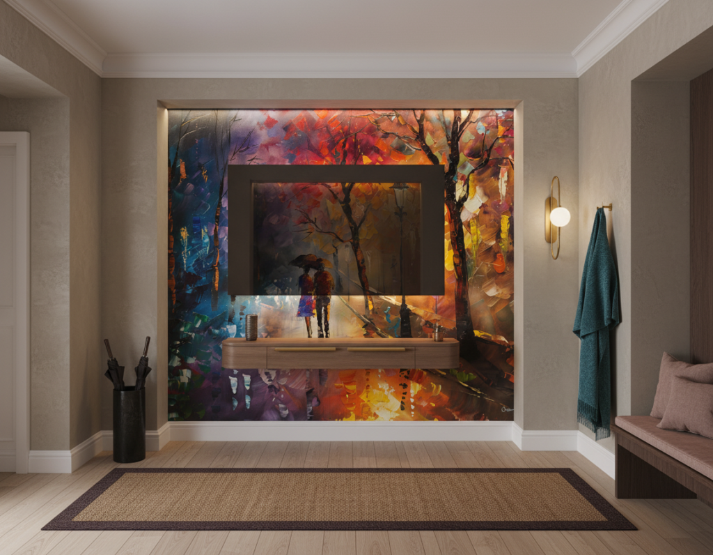 Couple romantique sous la pluie dans parc automnal impressionniste - Entrée