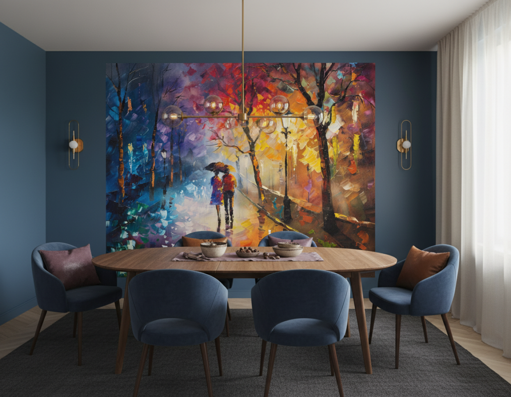 Couple romantique sous la pluie dans parc automnal impressionniste - Salle à manger