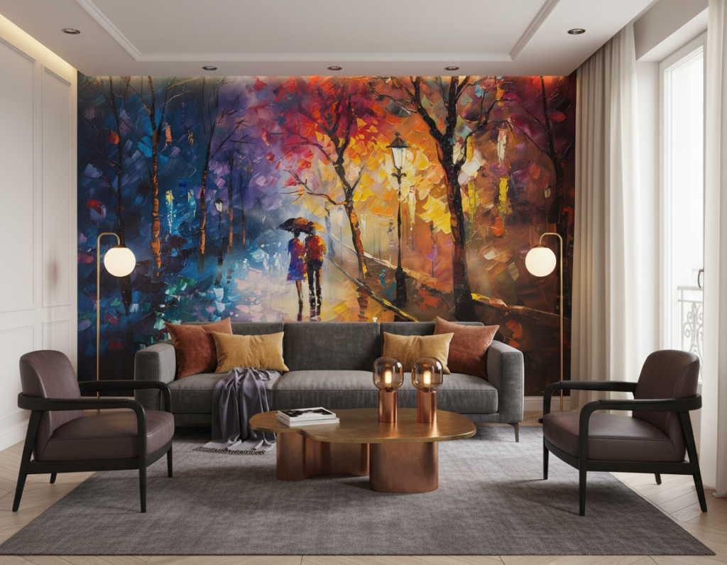 Couple romantique sous la pluie dans parc automnal impressionniste - Salon / Séjour